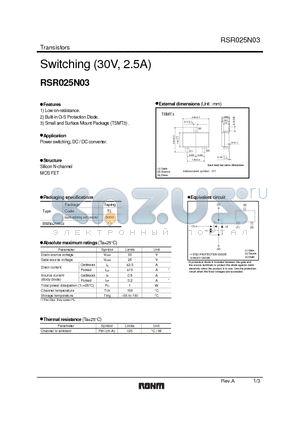 RSR025N03 datasheet - Switching (30V, 2.5A)