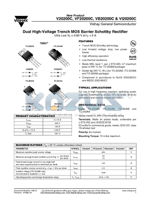 VB20200C-E3/8W datasheet - Dual High-Voltage Trench MOS Barrier Schottky Rectifier Ultra Low VF = 0.60 V at IF = 5 A