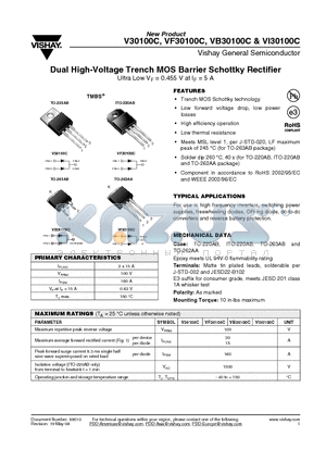 VB30100C-E3/8W datasheet - Dual High-Voltage Trench MOS Barrier Schottky Rectifier Ultra Low VF = 0.455 V at IF = 5 A