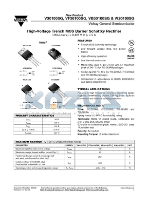 VB30100SG datasheet - High-Voltage Trench MOS Barrier Schottky Rectifier Ultra Low VF = 0.437 V at IF = 5 A