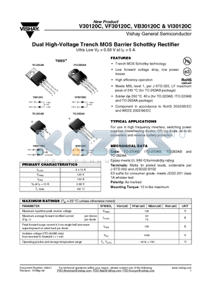 VB30120C-E3/8W datasheet - Dual High-Voltage Trench MOS Barrier Schottky Rectifier Ultra Low VF = 0.50 V at IF = 5 A