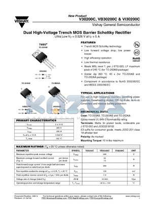 VB30200C datasheet - Dual High-Voltage Trench MOS Barrier Schottky Rectifier Ultra Low VF = 0.526 V at IF = 5 A