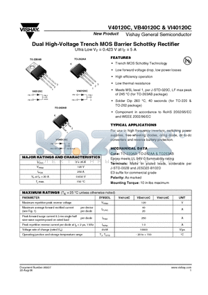 VB40120C-E3/4W datasheet - Dual High-Voltage Trench MOS Barrier Schottky Rectifier