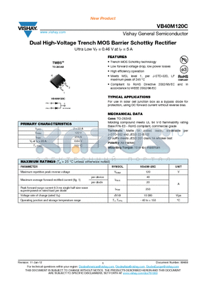 VB40M120C-E3/4W datasheet - Dual High-Voltage Trench MOS Barrier Schottky Rectifier