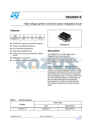 VB526SP-E datasheet - High voltage ignition coil driver power integrated circuit