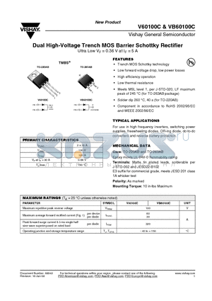 VB60100C-E3/4W datasheet - Dual High-Voltage Trench MOS Barrier Schottky Rectifier