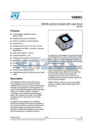 VB6851 datasheet - QXGA camera module with auto focus