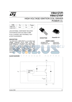 VB921ZVFI datasheet - HIGH VOLTAGE IGNITION COIL DRIVER POWER I.C.