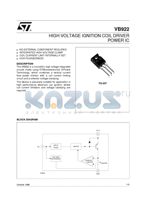 VB922 datasheet - HIGH VOLTAGE IGNITION COIL DRIVER POWER IC