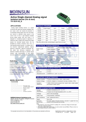 T6233B datasheet - Active Single channel Analog signal Isolation barrier