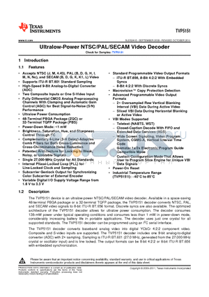 TVP5151PBS datasheet - Ultralow-Power NTSC/PAL/SECAM Video Decoder