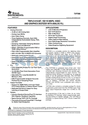 TVP7000PZPR datasheet - TRIPLE 8/10-BIT, 150/110 MSPS, VIDEO AND GRAPHICS DIGITIZER WITH ANALOG PLL