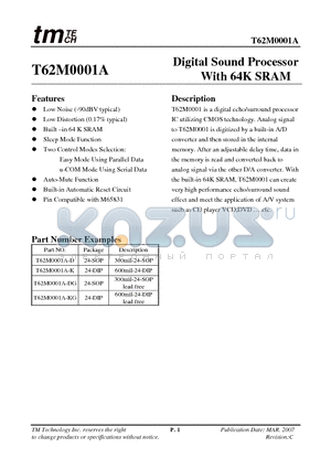 T62M0001A-DG datasheet - Digital Sound Processor With 64K SRAM