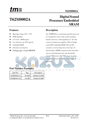 T62M0002A-K datasheet - Digital Sound Processor Embedded SRAM