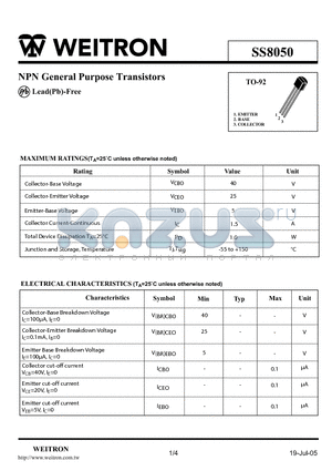 SS8050 datasheet - NPN General Purpose Transistors