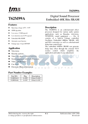 T62M99A datasheet - Digital Sound Processor Embedded 48K Bits SRAM