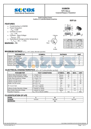 SS8050 datasheet - NPN Silicon General Purpose Transistor