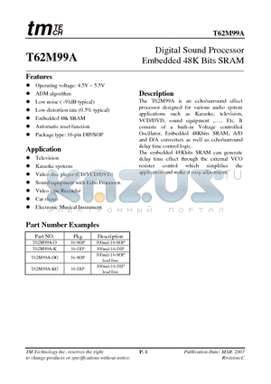 T62M99A-D datasheet - Digital Sound Processor Embedded 48K Bits SRAM