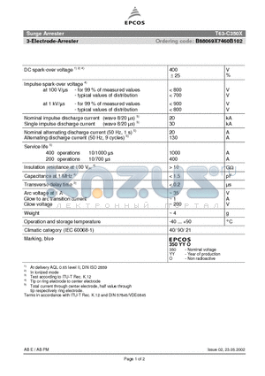 T63-C350X datasheet - SURGE ARRESTER 3-electrode arrester