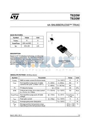 T630-600W datasheet - 6A SNUBBERLESTM TRIAC