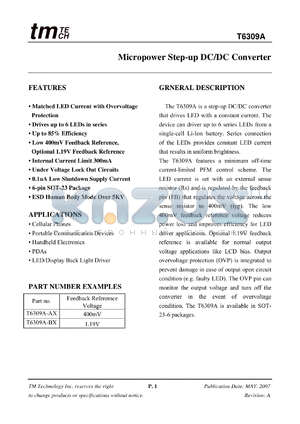 T6309A datasheet - Micropower Step-up DC/DC Converter