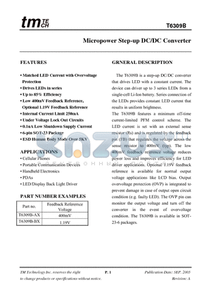 T6309B datasheet - Micropower Step-up DC/DC Converter