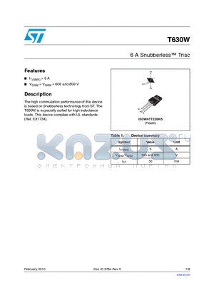 T630W datasheet - 6 A Snubberless Triac