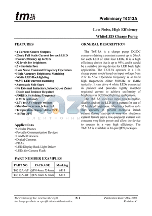 T6313A datasheet - Low Noise, High Efficiency WhiteLED Charge Pump