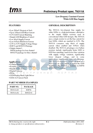 T6311A datasheet - Low-Dropout, Constant-Current White LED Bias Supply