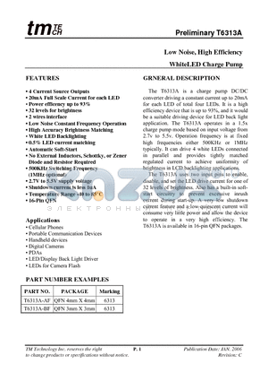 T6313A-AF datasheet - Low Noise, High Efficiency WhiteLED Charge Pump