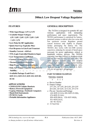 T6328A datasheet - 500mA Low Dropout Voltage Regulator