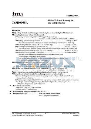 T63H0008A-AX datasheet - Li-Ion/Polymer Battery for one-cell Protector