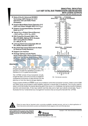 SN54LVT652 datasheet - 3.3-V ABT OCTAL BUS TRANSCEIVERS AND REGISTERS WITH 3-STATE OUTPUTS