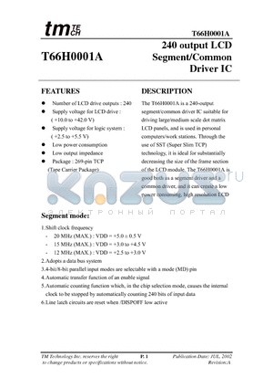 T66H0001A datasheet - 240 output LCD Segment/Common Driver IC