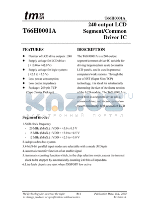 T66H0001A-Y datasheet - 240 output LCD Segment/Common Driver IC