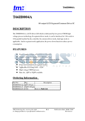 T66H0004A datasheet - 80 output LCD Segment/Common Driver IC