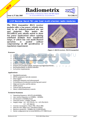 TLC2 datasheet - UHF Narrow Band FM Low Cost multi channel radio modules