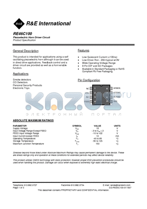 RE46C100 datasheet - Piezoelectric Horn Driver Circuit