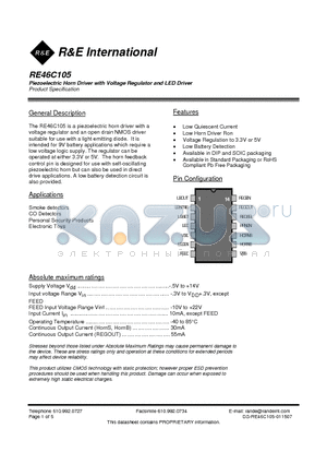 RE46C105 datasheet - Piezoelectric Horn Driver with Voltage Regulator and LED Driver