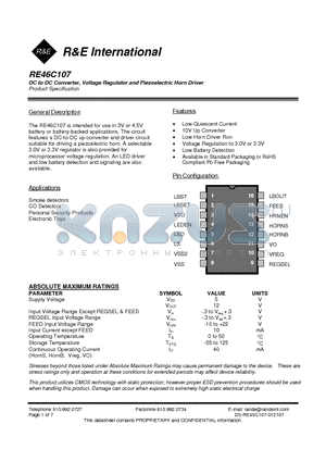 RE46C107 datasheet - DC to DC Converter, Voltage Regulator and Piezoelectric Horn Driver