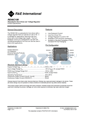 RE46C108 datasheet - Piezoelectric Horn Driver and Voltage Regulator