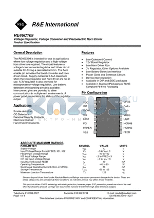 RE46C109 datasheet - Voltage Regulator, Voltage Converter and Piezoelectric Horn Driver