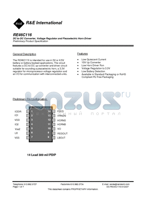 RE46C116 datasheet - DC to DC Converter, Voltage Regulator and Piezoelectric Horn Driver