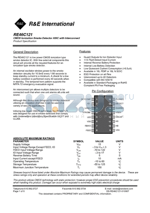 RE46C121 datasheet - CMOS Ionization Smoke Detector ASIC with Interconnect