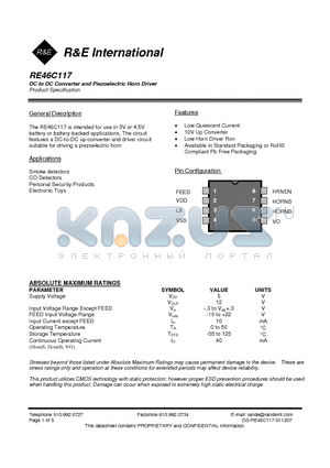 RE46C117 datasheet - DC to DC Converter and Piezoelectric Horn Driver
