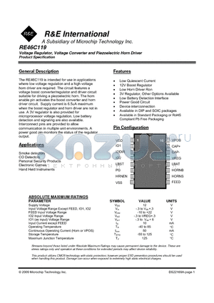 RE46C119 datasheet - Voltage Regulator, Voltage Converter and Piezoelectric Horn Driver