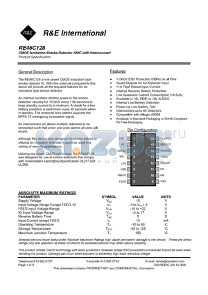 RE46C128 datasheet - CMOS Ionization Smoke Detector ASIC with Interconnect