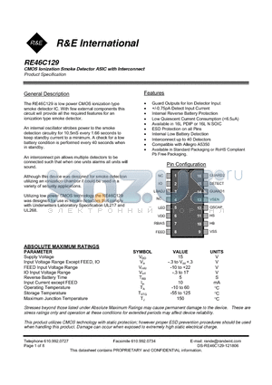 RE46C129 datasheet - CMOS Ionization Smoke Detector ASIC with Interconnect