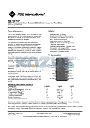 RE46C140 datasheet - CMOS Photoelectric Smoke Detector ASIC with Interconnect and Timer Mode