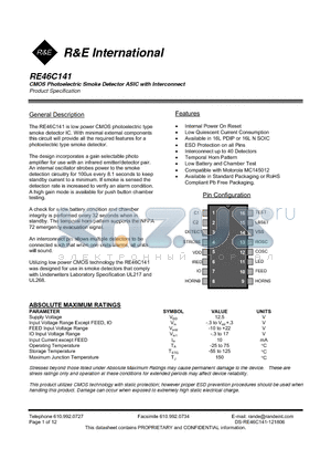 RE46C141 datasheet - CMOS Photoelectric Smoke Detector ASIC with Interconnect